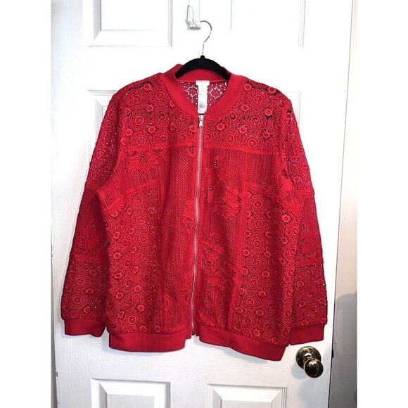 NWOT CHICO'S Red Lace Semi Sheer Full Zip Jacket Sz 2 / Large - Picture 2 of 16